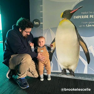 Father and child in front of penguin size comparison chart.