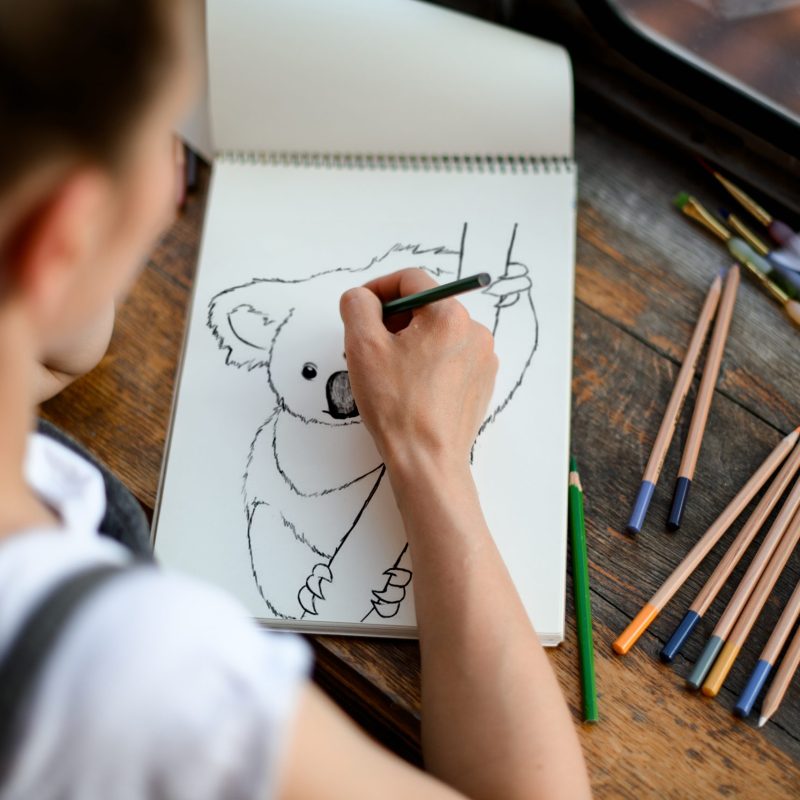 Top view of sketchbook on wooden table around which pencils lie and young woman draws in it.